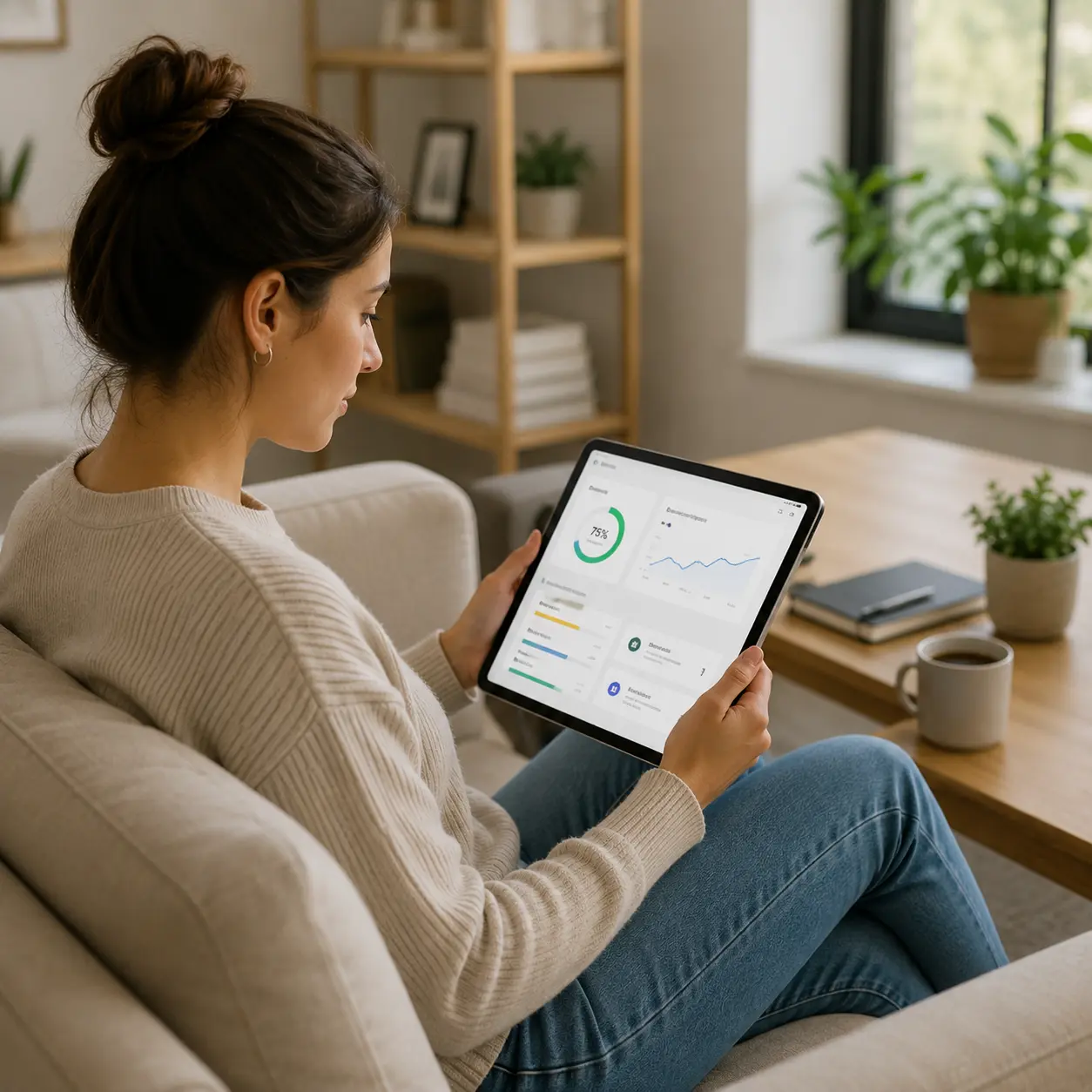 Chica estudiando en el sofá mediante una tablet