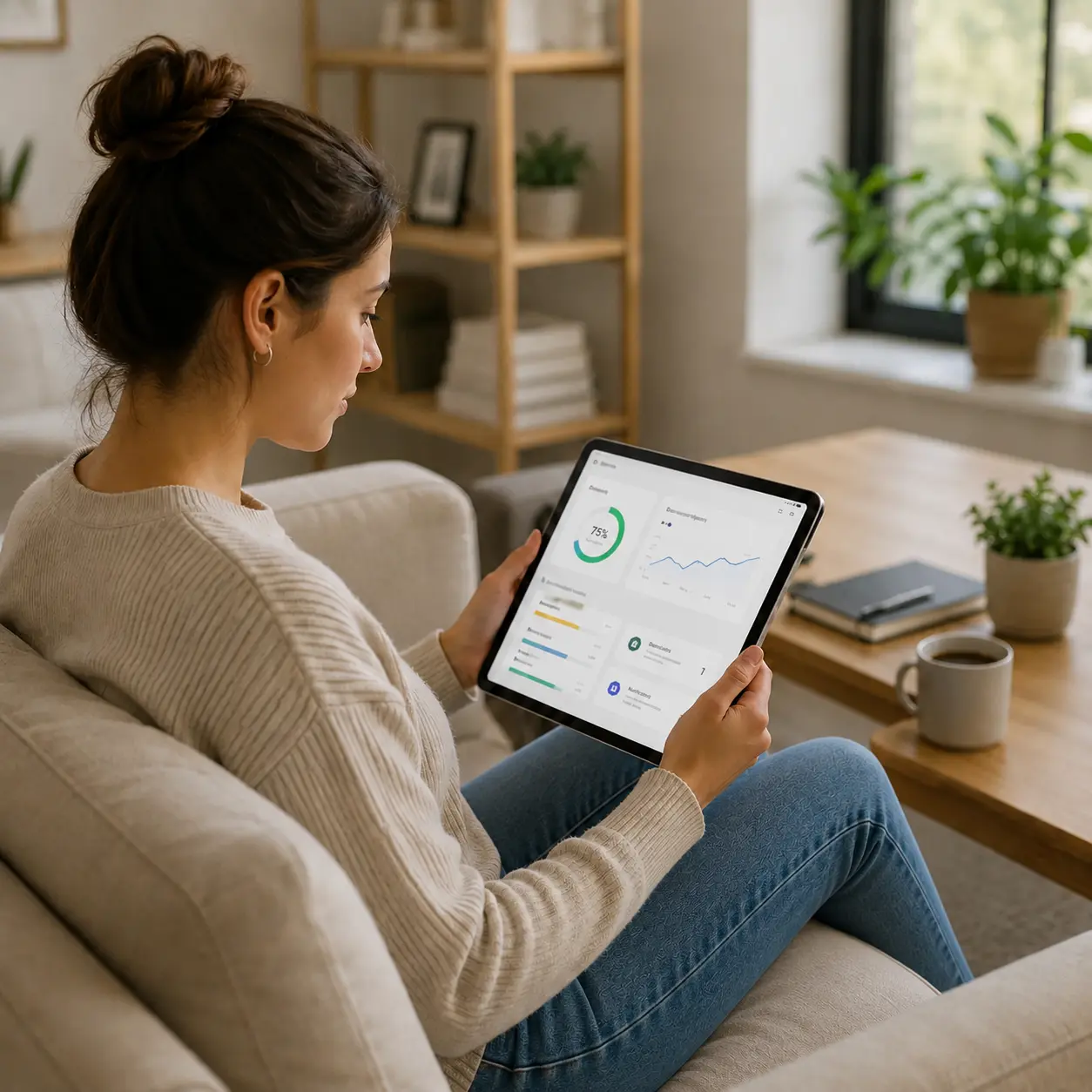 Chica estudiando en el sofá mediante una tablet