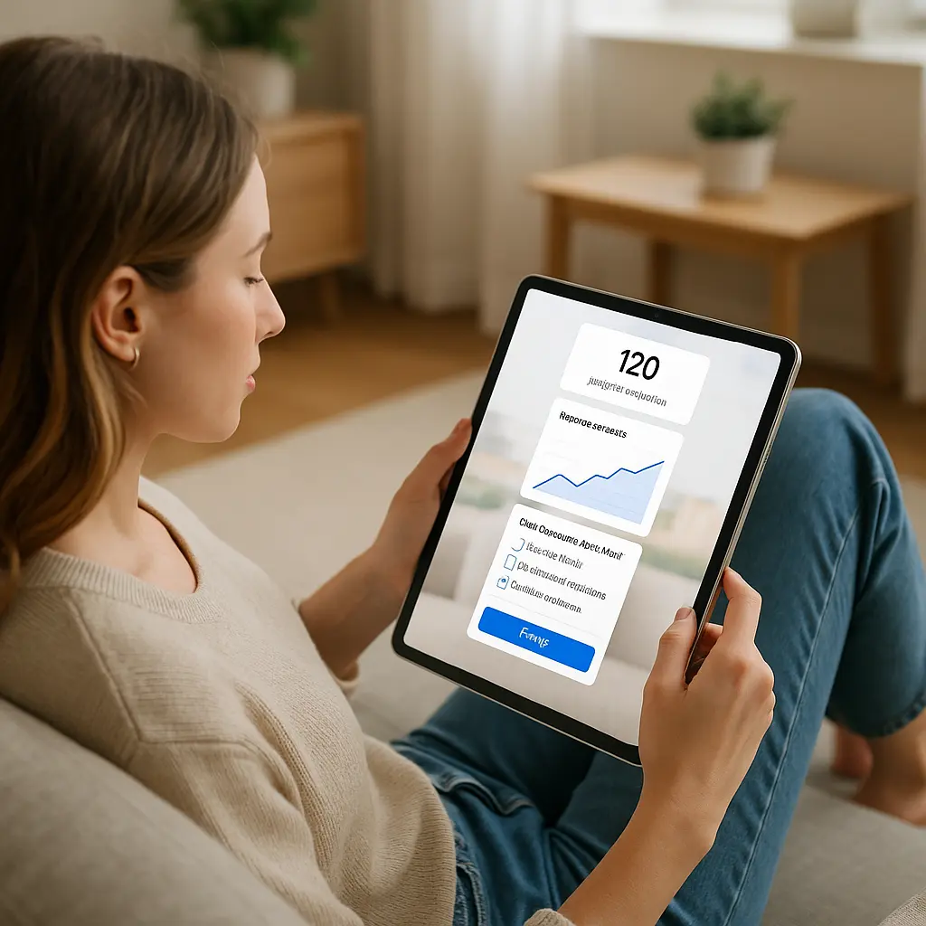Chica estudiando en el sofá mediante una tablet